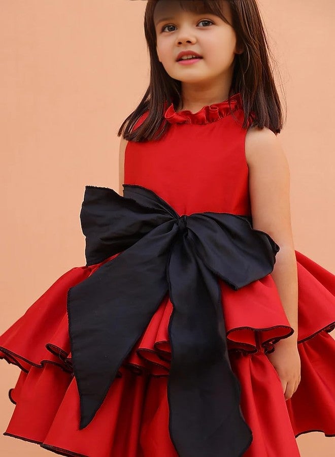 PINK WINGS Girls Taffeta Knee Length Party Dress Frock (in, Age, 7 Years, 8 Years, Regular, Red) - Image 3
